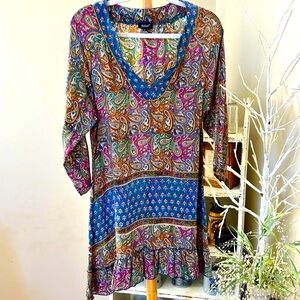 Tolani L 100% Silk Beautiful blue/pink/purple/tan/greea/cream paisley dress. EUC